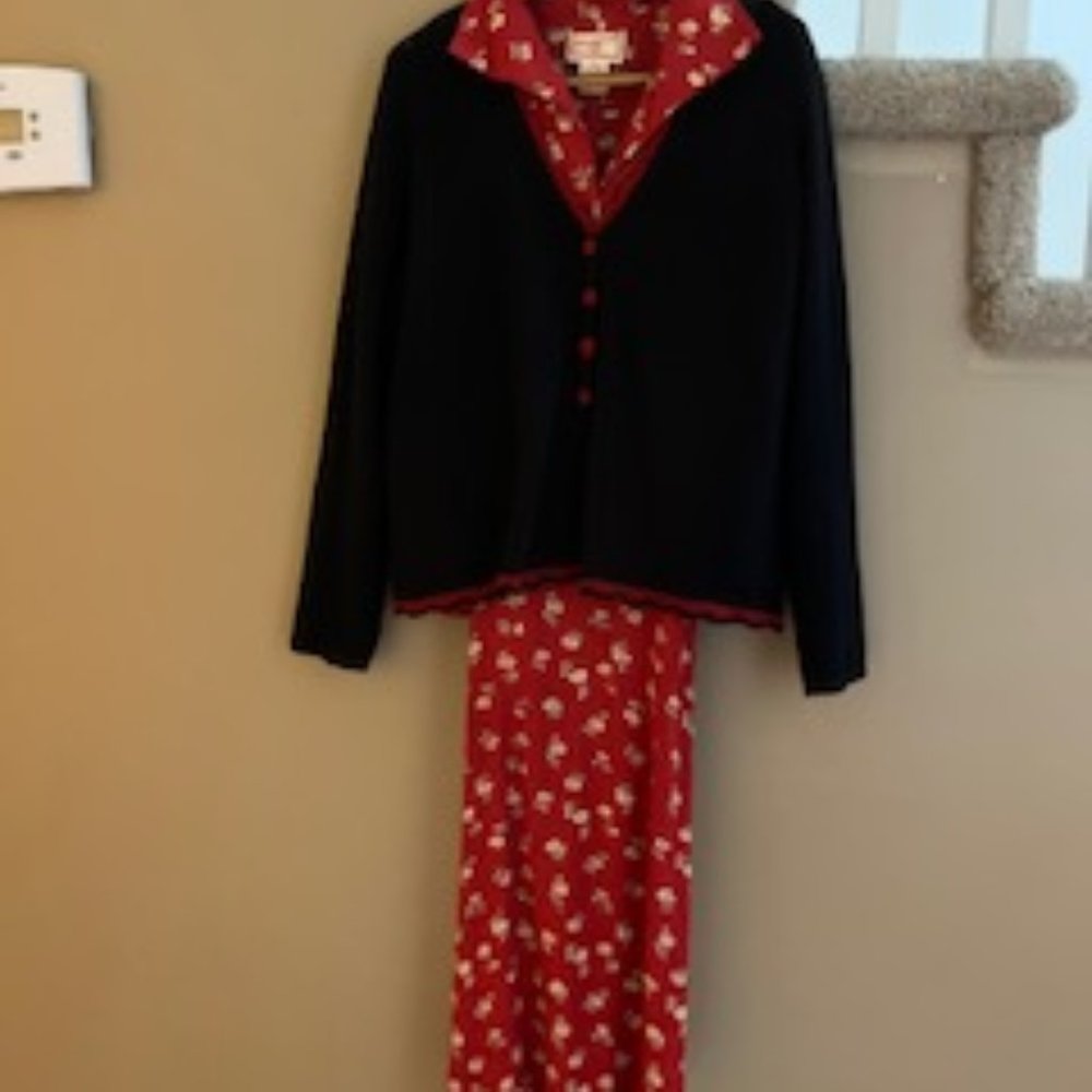 Vintage April Cornell small red dress with matching cardigan